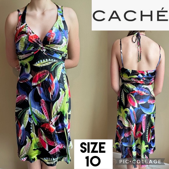 VTG Cache Womens Dress Floral Halter 100% Silk Y2K Party Bright Colorful Size 10 - Picture 1 of 16